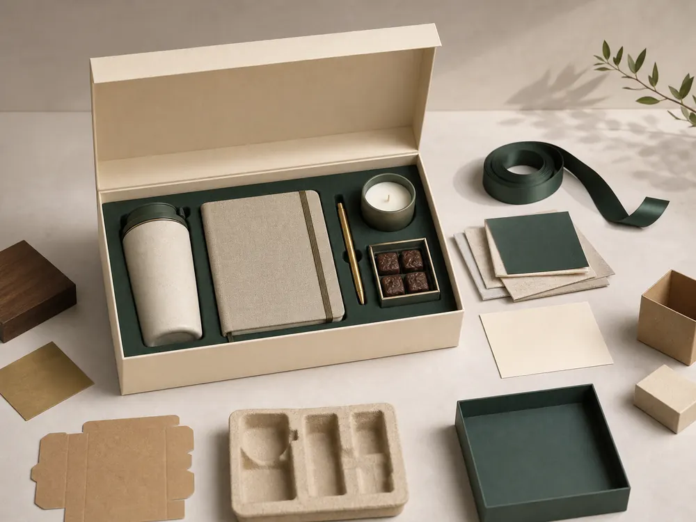 Open custom gift box with fitted insert, products and packaging material samples