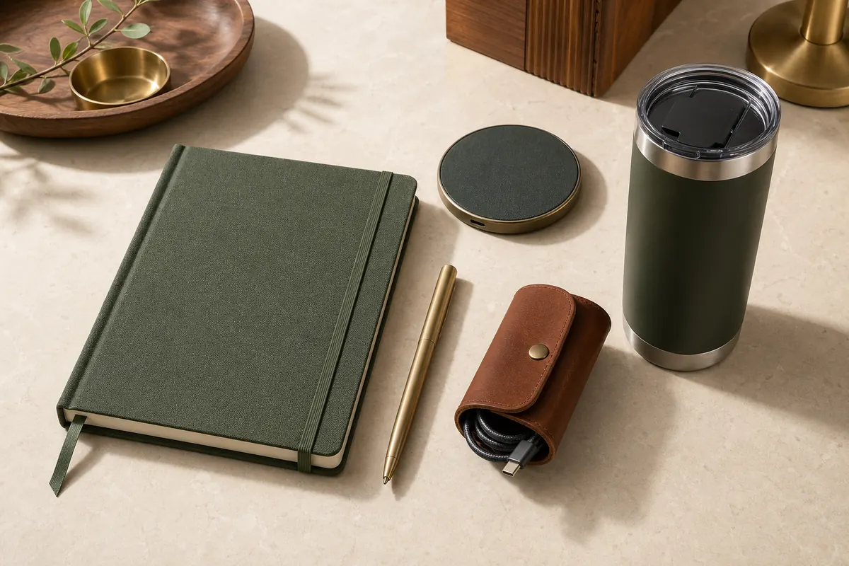 Premium notebook, metal pen, gift box and material samples