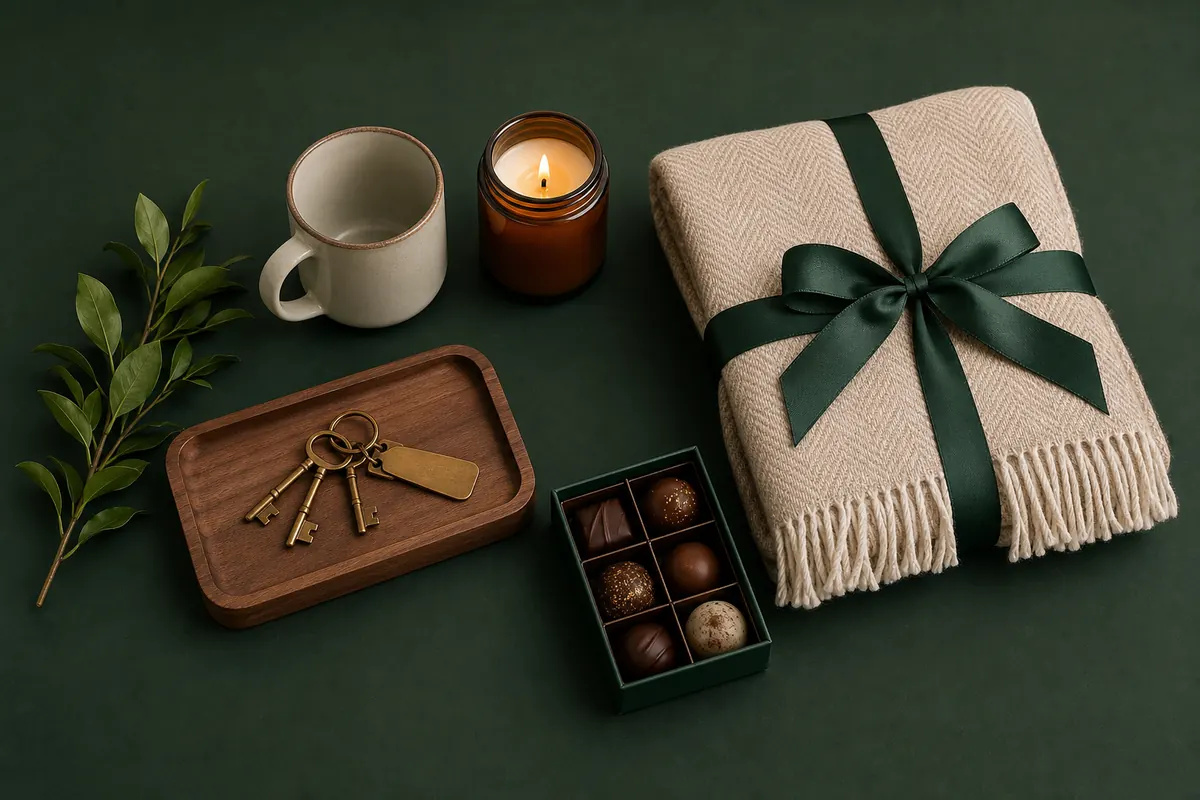 Property handover gift collection with a travel cup, teddy bear, board game and stationery